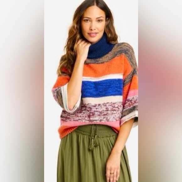 Knox Rose Sweaters - Knox Rose Colorful Striped cropped Turtleneck Sweater, 3/4 sleeve size M